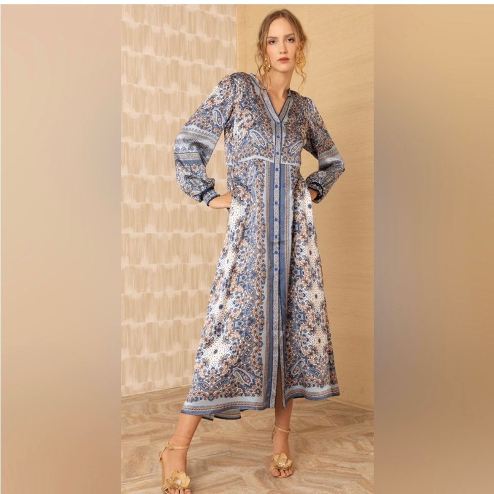 Hale Bob Elegant Blue Floral Maxi Dress L. NWT